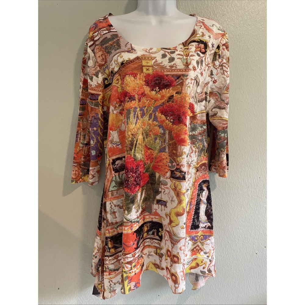 Draper's Diamonds Vibrant Tunic Top  Europe Poppies Knit Travel T-Shirt Blouse L